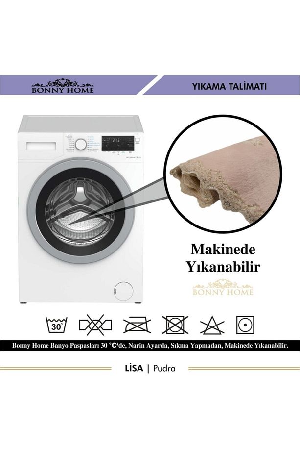 Pudra Lisa 2li Oval Çeyizlik Fransız Dantelli Aplikli Klozet Takımı Banyo Paspas Seti - 5