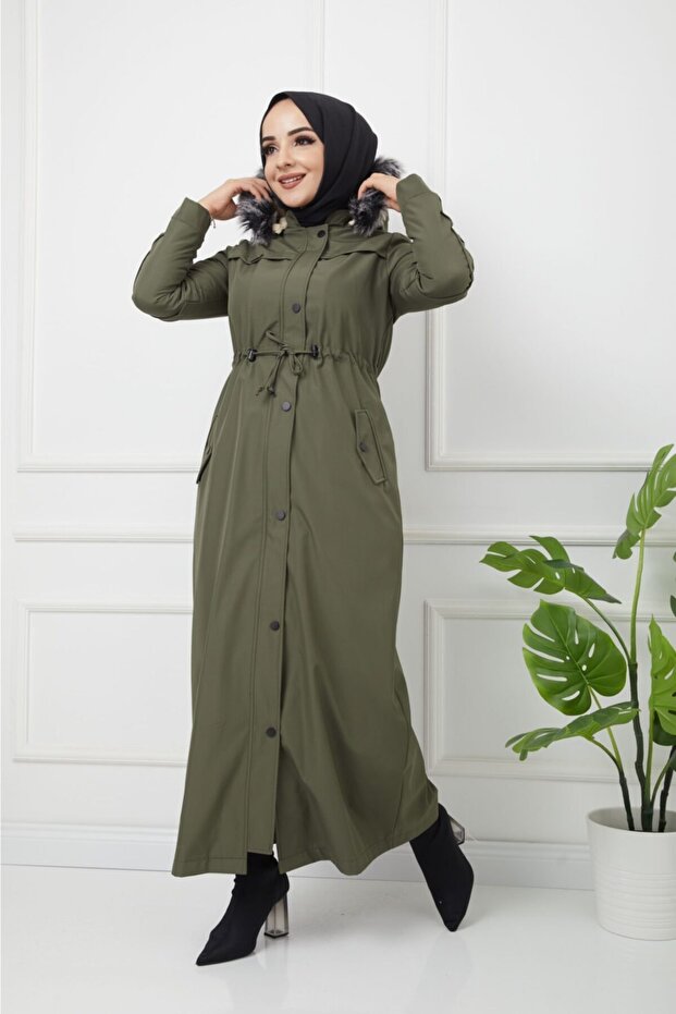 Waterprof Khaki Fur Lined Women's Long Tesseture Coat