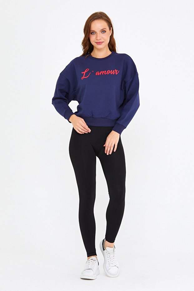 3 Iplikli Pamuklu Lacivert Bisiklet Yaka Sweatshirt - 1