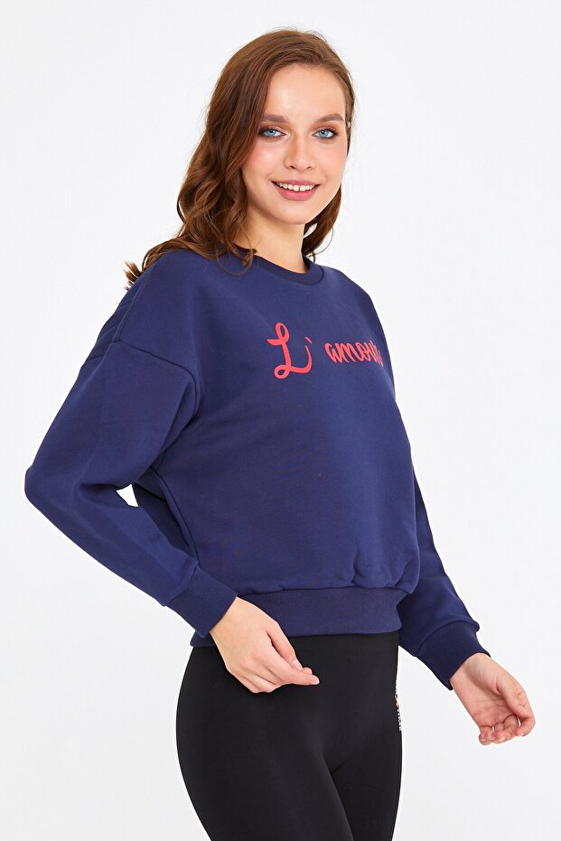 3 Iplikli Pamuklu Lacivert Bisiklet Yaka Sweatshirt - 4