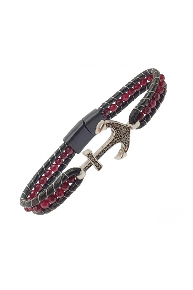 Facet Red Agate Natural Stone and Zircon Anchor Leather Bracelet