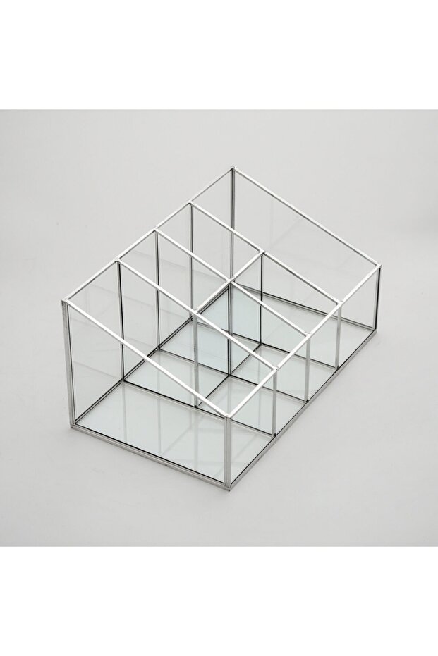 25x15x12cm Silver 6 Compartment Glass Makeup Organizer Pen Holder Desktop Organizer Brush Holder Box