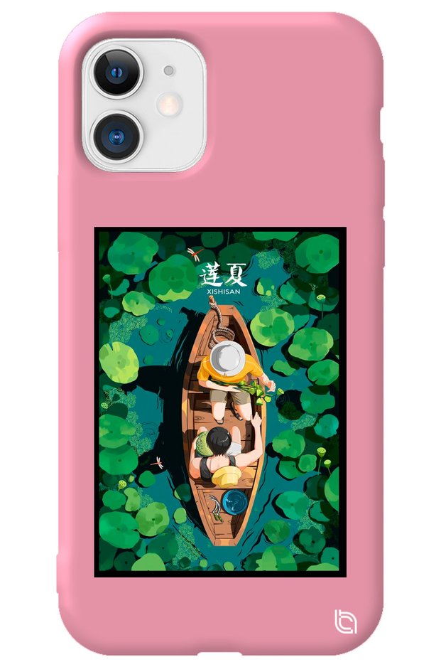 iPhone 11 Pink Color Premium Velvet Inside Boat Patterned Silicone Phone Case
