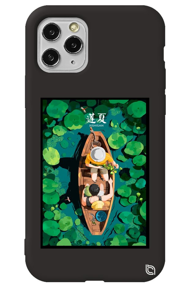 iPhone 11 Pro Max Black Color Premium Velvet Inside Boat Patterned Silicone Phone Case
