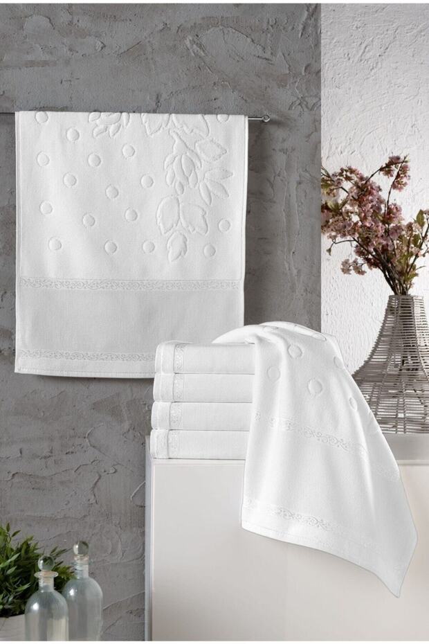 6 Pieces of 50 x 90 White Towel with Embroidered Border and Jacquard Design