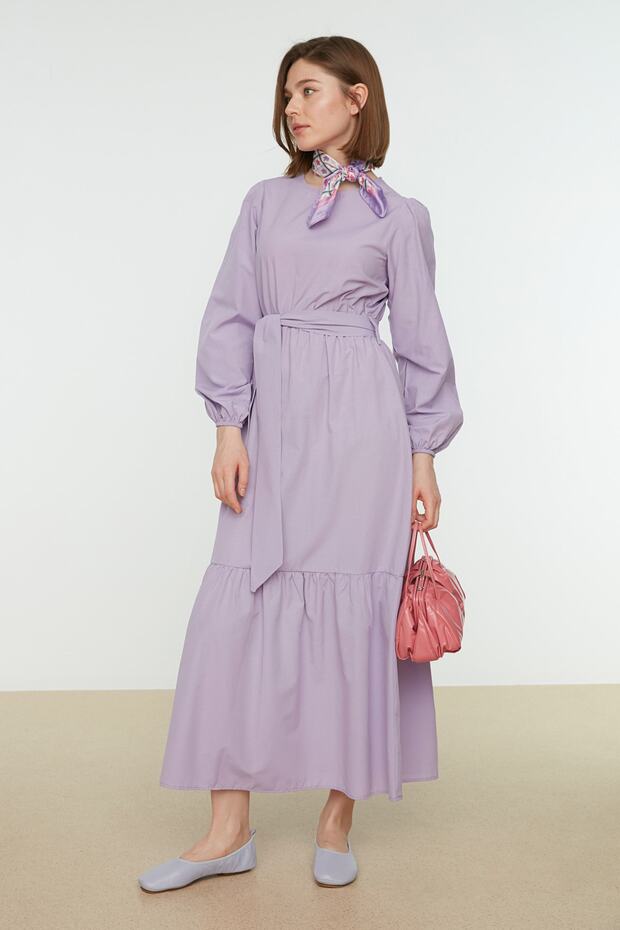Liliowa tkana sukienka z okrągłym dekoltem i paskiem TCTSS21EL3330 - 2