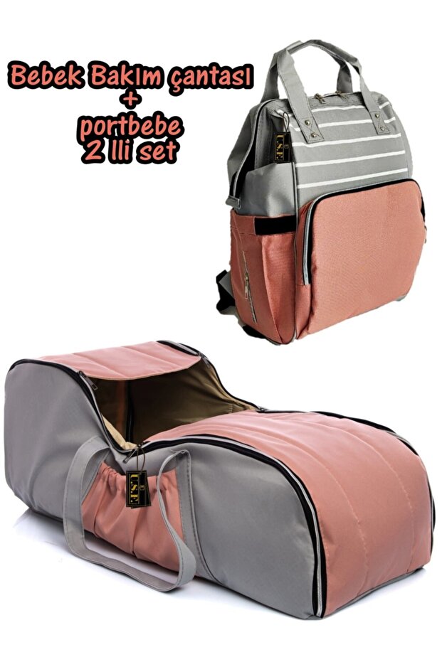 Gray Pink Mother Baby Care Bag + Carrycot Baby Carrier Stroller Double Set Striped