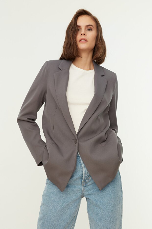 Gri Regular Astar Detaylı Dokuma Blazer Ceket TWOAW20CE0316 - 8