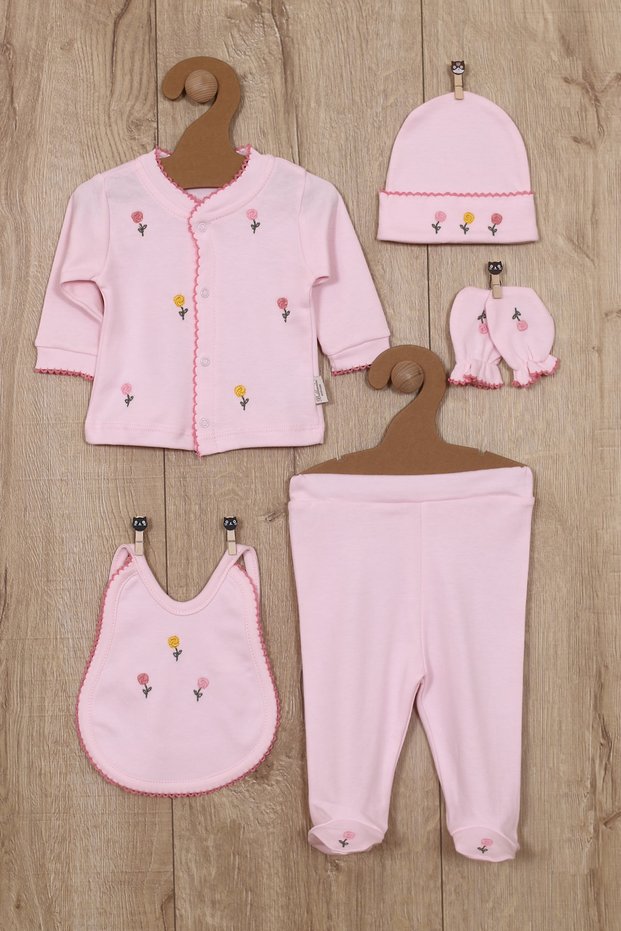 Baby Girl Hospital Discharge Newborn Luxury Rose Embroidered 100% Cotton Bodysuit Set 5 Pieces Baby Gift