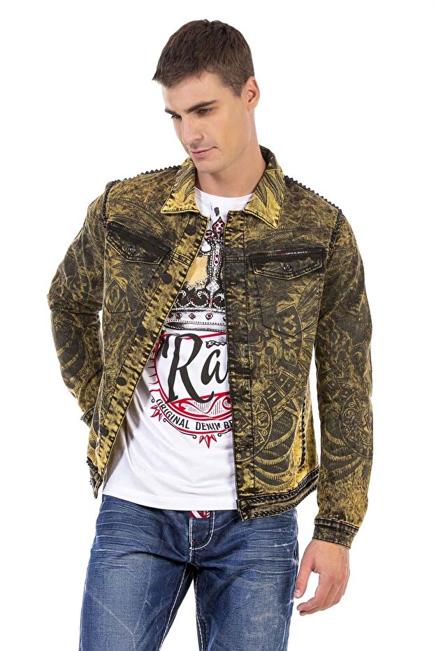 Cj273 Yellow Washed Printed Denim Jacket