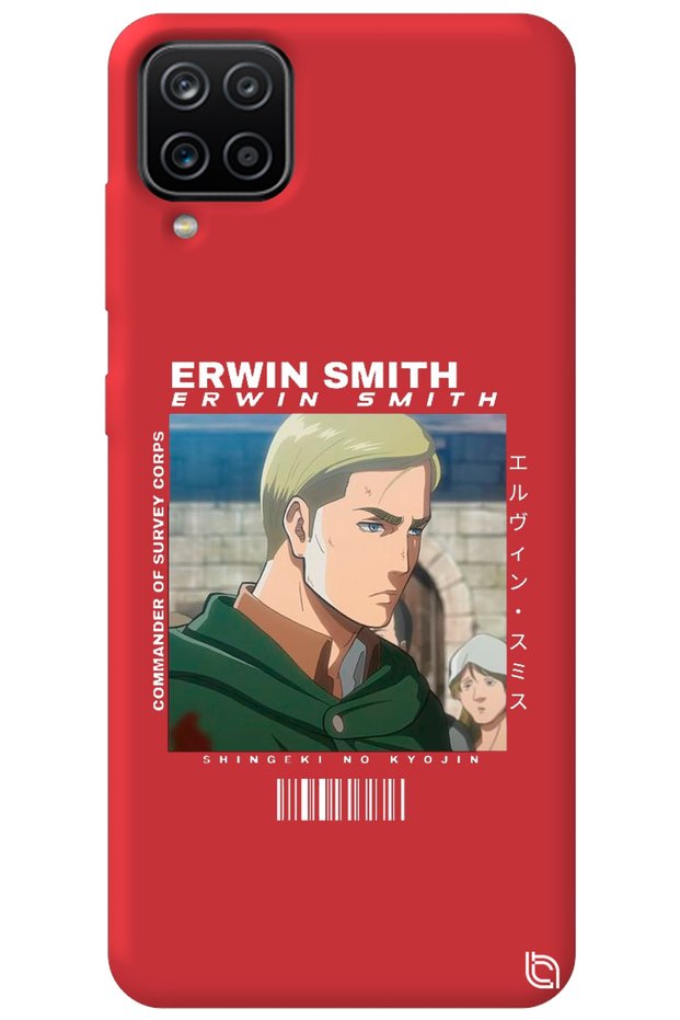 Samsung Galaxy A12 Red Premium Velvet Inside Attack on Titan Erwin Patterned Silicone Phone Case