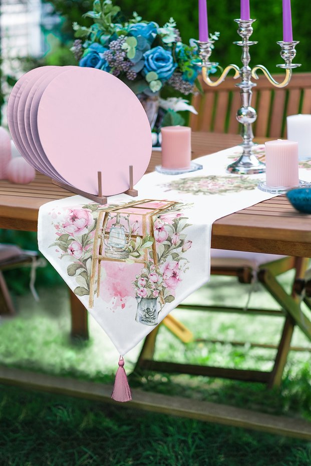 Flower Corner Special Design Decorative Triangle Tasseled Runner 1 Piece & 6 Pieces Pink Colored Supla