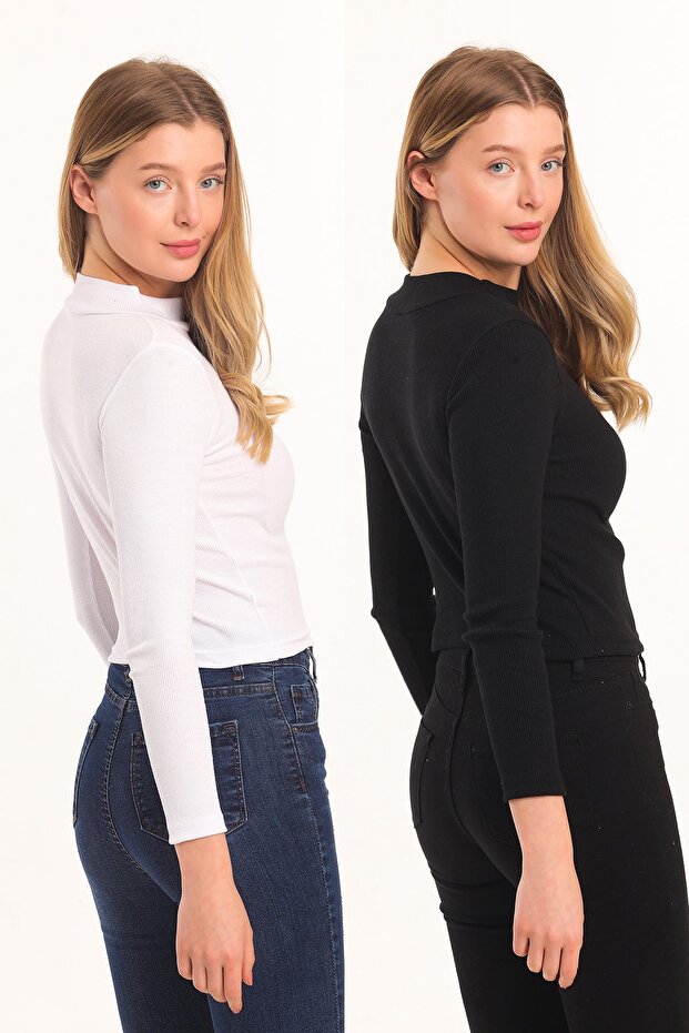 Women's Black and White Ribbed Turtleneck 2-Piece Body