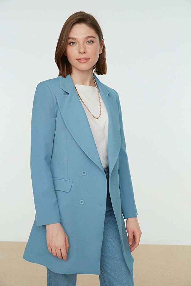Blue Double-Button Pocket Detail Lined Blazer Woven Jacket TCTAW22CK0007