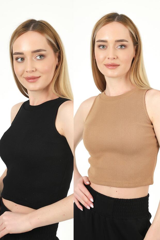Women's Black Stone Halter Neck Ribbed 2-Piece Crop Blouse