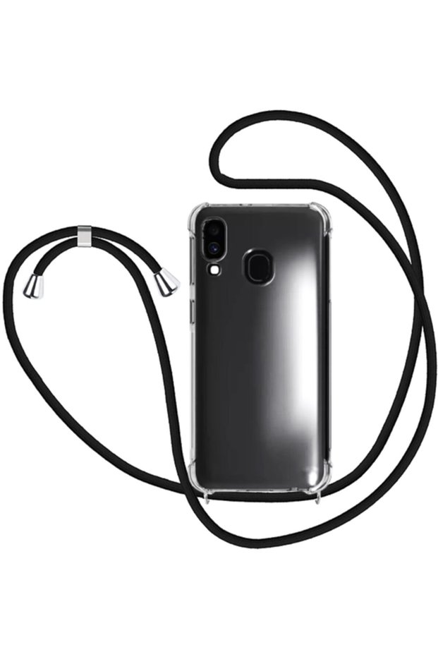 جراب سيليكون شفاف متوافق مع هاتف Galaxy A30 مع حبل رقبة أسود
