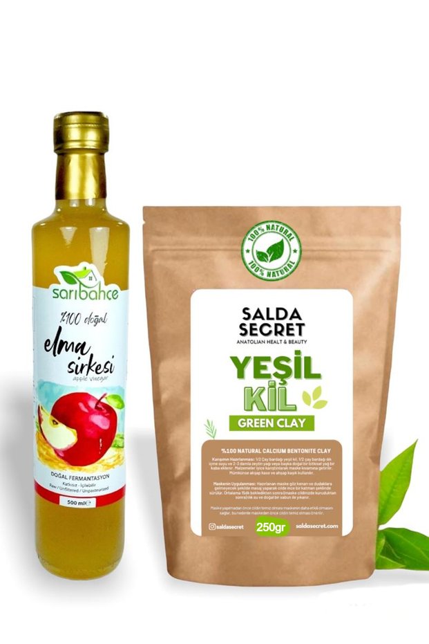 Green Clay 250Gr + White Clay 250Gr Face Mask Powder - Sarıbahçe Apple Cider Vinegar 500ml