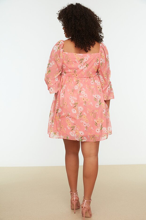 Rózsaszín virágmintás sifon szőtt ruha TBBSS22AH0134 - 6