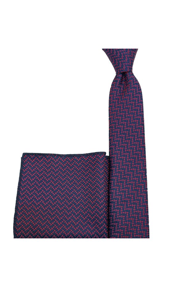 مجموعة منديل ربطة عنق منقوشة باللون الأحمر الداكن - 3