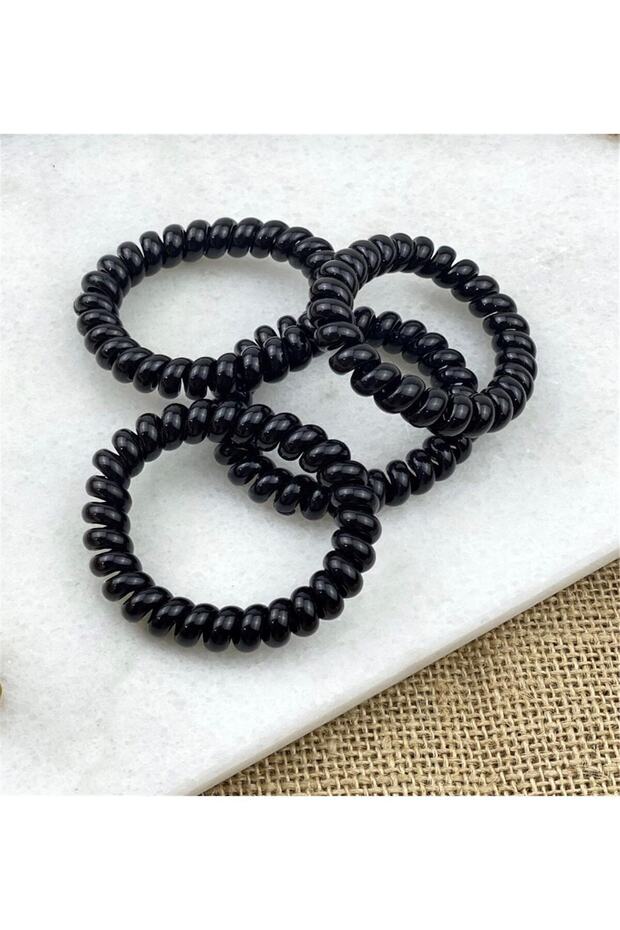 4-Piece Spiral Hair Elastic, Black Phone Cord Buckle