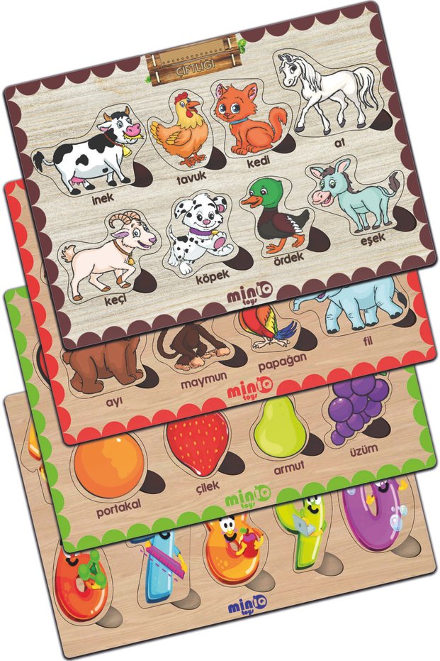 Wooden Turkish Farm Animals+forest Animals-fruits-numbers Set of 4 Educational-tutorial Puzzle