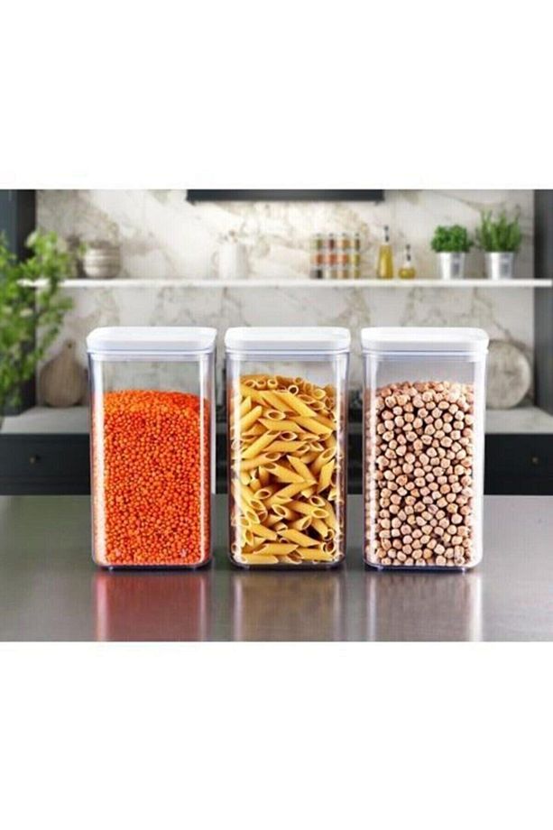3lü Set 1,4l Kare Vakumlu Kap Kuru Gıda Baklagil Saklama Üçlü Hava Almayan Un Tahıl Erzak Koyma Kutu - 1
