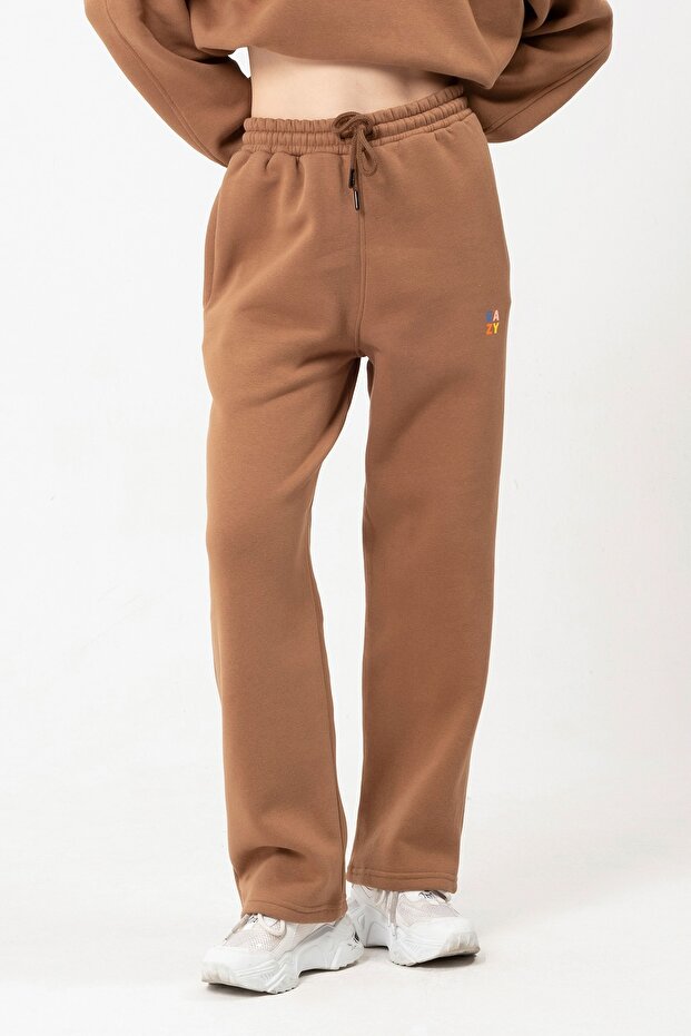 Eazy Basic Oversize Unisex Wide Leg Bol Paça Kahverengi Kalın Eşofman Altı - 1