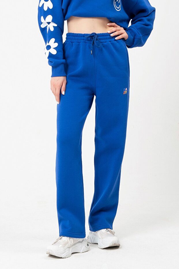 Eazy Basic Oversize Unisex Wide Leg Bol Paça Saks Mavi Kalın Eşofman Altı - 1