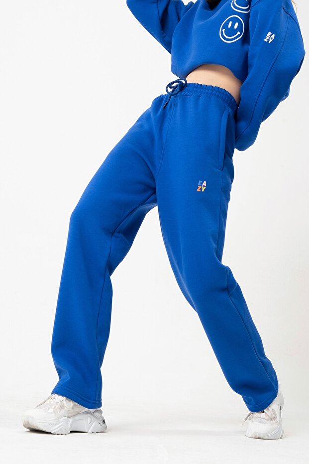 Eazy Basic Oversize Unisex Wide Leg Bol Paça Saks Mavi Kalın Eşofman Altı - 4
