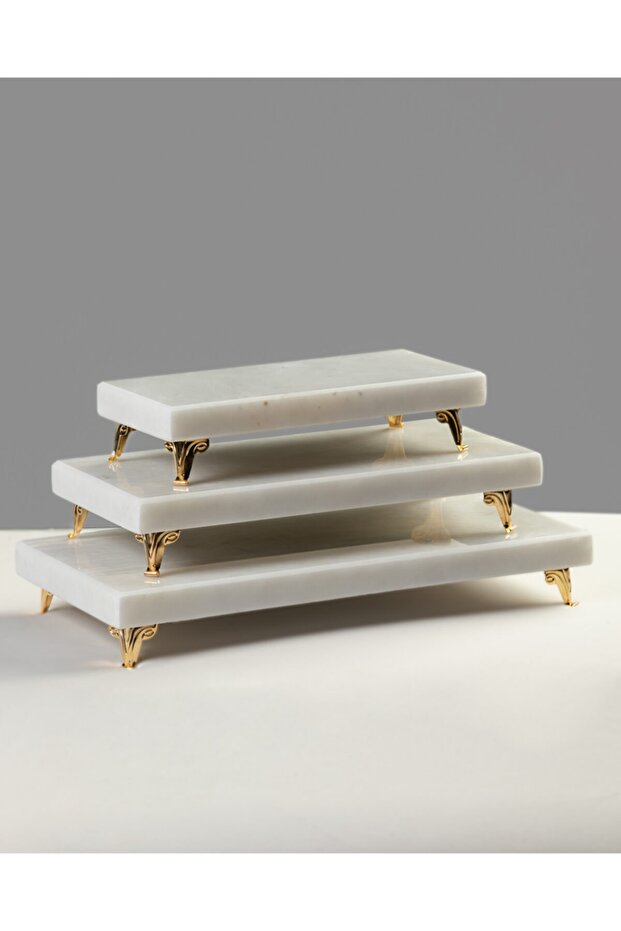Marble Serving Tray Gold 3-Piece Set Cake Display, Metal Profile Leg