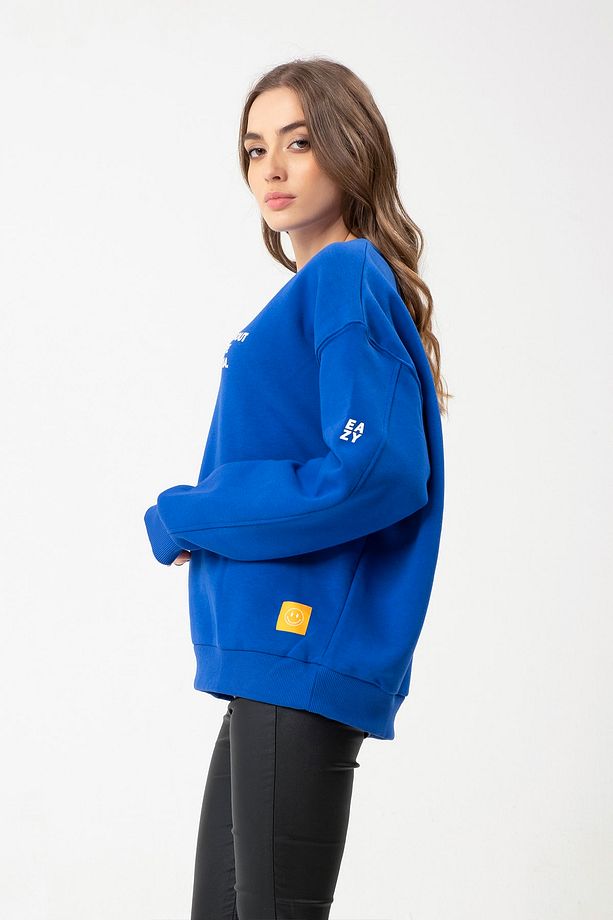 Eazy Fake Life Oversize Unisex Saks Mavi Bisiklet Yaka Kalın Sweatshirt - 3