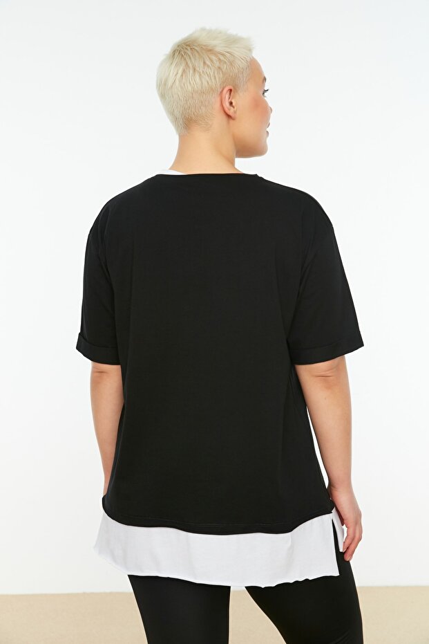 Siyah Oversize Fit Alttan T-shirt Çıkma Görünümlü %100 Pamuk Örme Büyük Beden T-Shirt TBBSS22TS0727 - 5