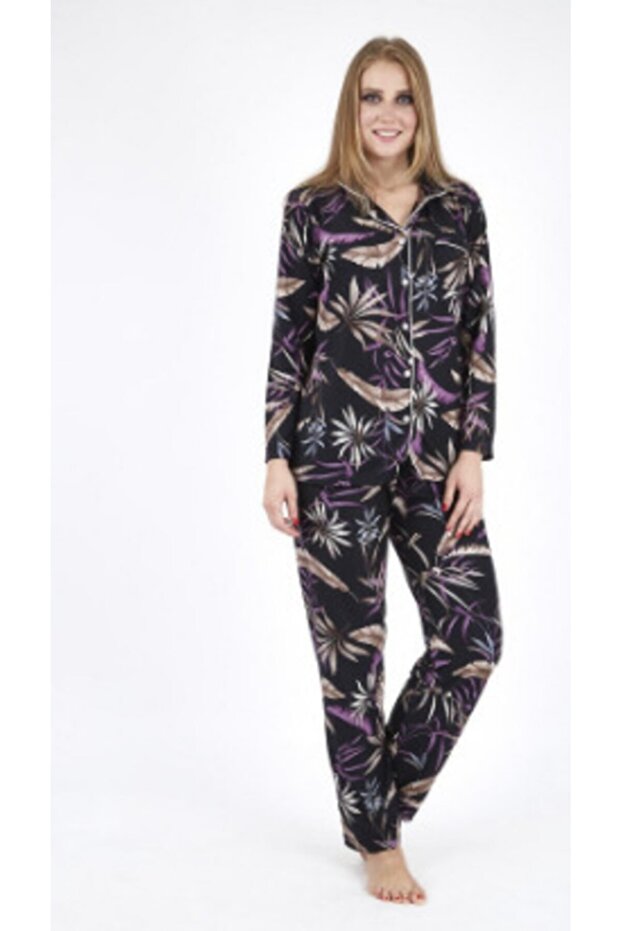 Leaf Patterned Front Buttoned Suede Pajama Set