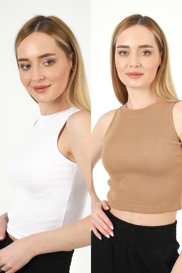 Women's White Stone Halter Neck Ribbed 2-Pack Crop Blouse