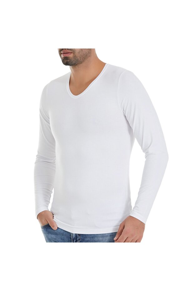 Men's White Bamboo Long Sleeve V-Neck T-shirt