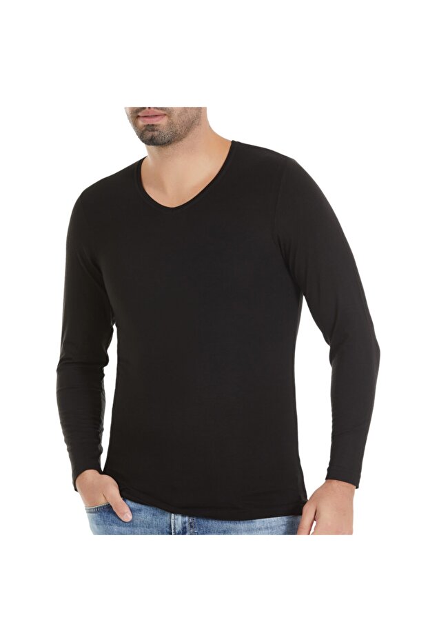 Men's Black Bamboo Long Sleeve V-neck T-shirt