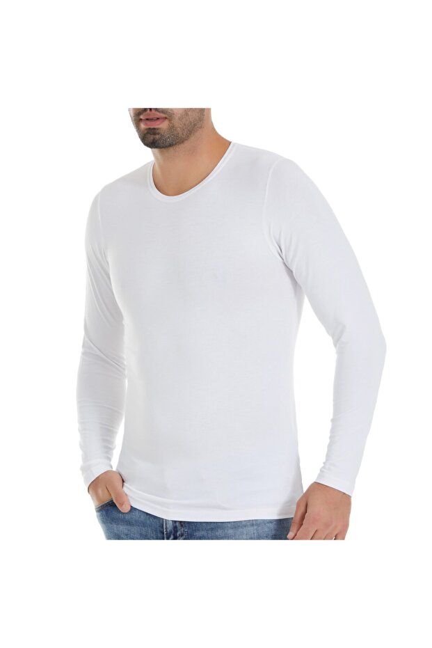 Men's White Bamboo Long Sleeve O Neck T-shirt