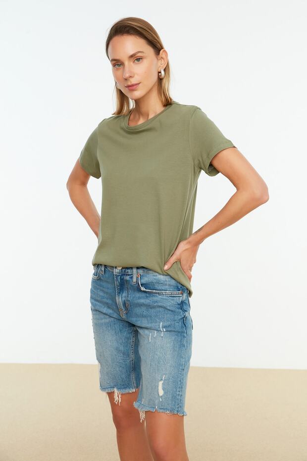 Haki-Somon %100 Pamuk Süprem Bisiklet Yaka 2'li Paket Örme T-Shirt TWOSS20TS0141 - 4