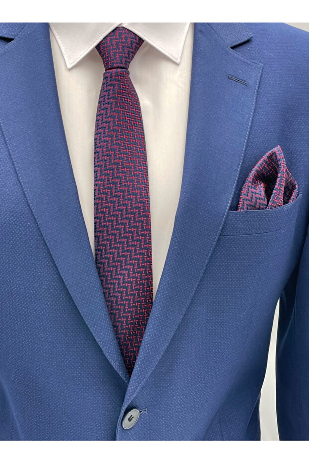 مجموعة منديل ربطة عنق منقوشة باللون الأحمر الداكن - 1