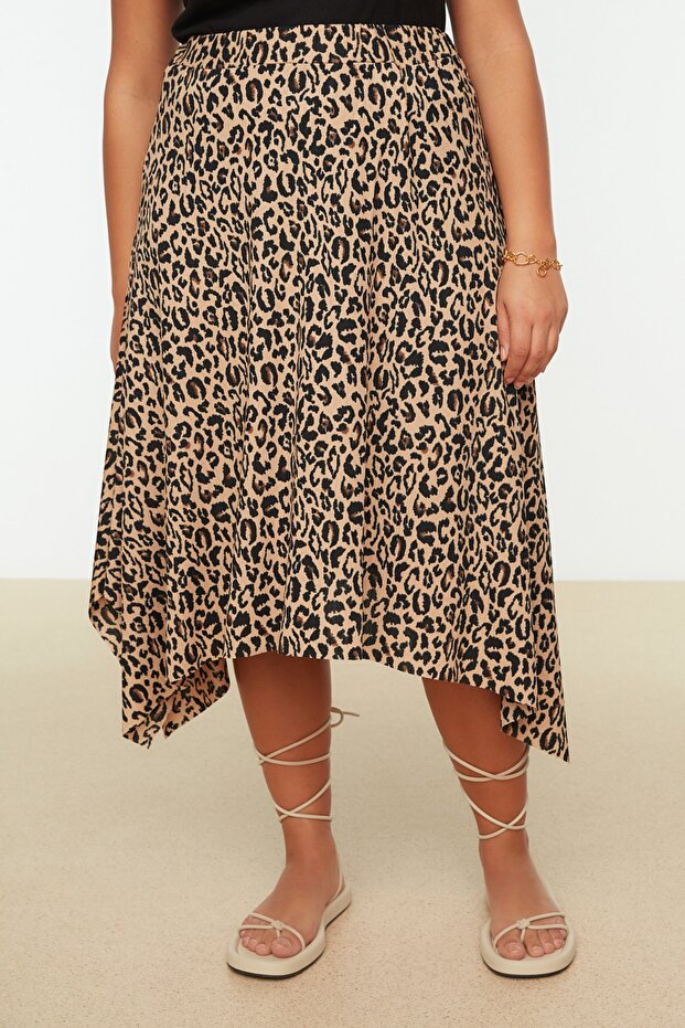Brown Leopard Print Asymmetrical Knitted Large Size Skirt Tbbss22Et0253 - 5