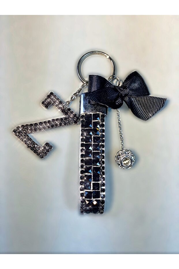 Black Baguette Black Meter Light Keychain Black Z Letter Silver Tiny Ball Black Ribbon