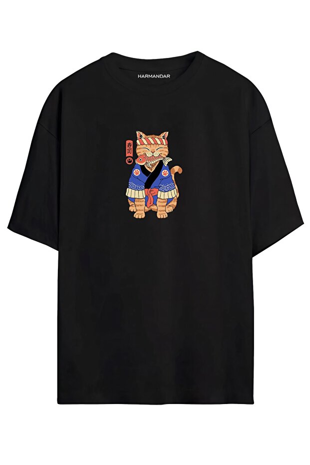 ? Anime Cat Printed Unisex Black Oversize T-shirt