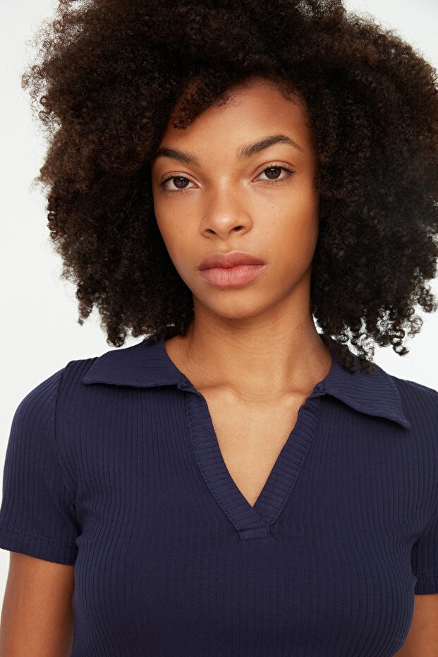 Navy Blue Fitted Crop Polo Neck Ribbed Stretchy Knitted Blouse TWOSS21BZ0038 - 3