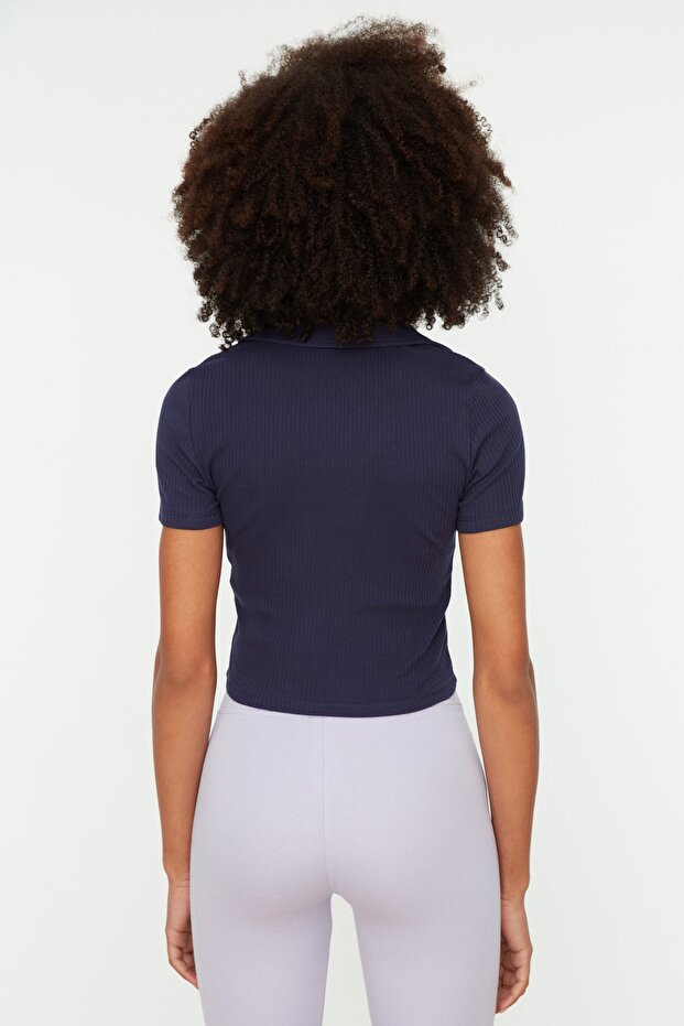 Navy Blue Fitted Crop Polo Neck Ribbed Stretchy Knitted Blouse TWOSS21BZ0038 - 5