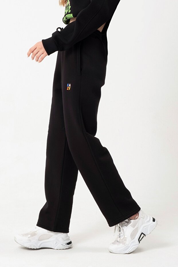 Eazy Basic Oversize Unisex Wide Leg Bol Paça Siyah Kalın Eşofman Altı - 3