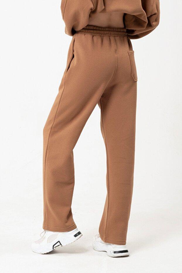 Eazy Basic Oversize Unisex Wide Leg Bol Paça Kahverengi Kalın Eşofman Altı - 4