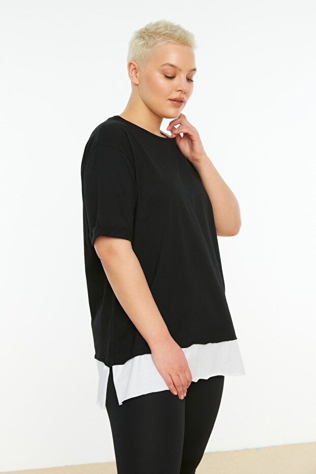 Siyah Oversize Fit Alttan T-shirt Çıkma Görünümlü %100 Pamuk Örme Büyük Beden T-Shirt TBBSS22TS0727 - 3