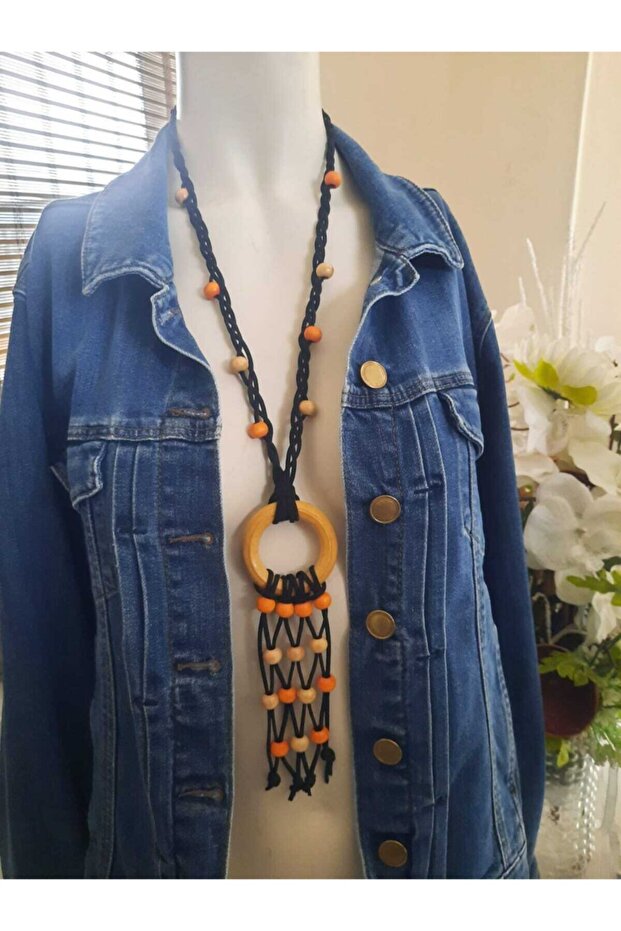 Bohemian Authentic Wooden Ring Knitted & Twist Necklace Orange