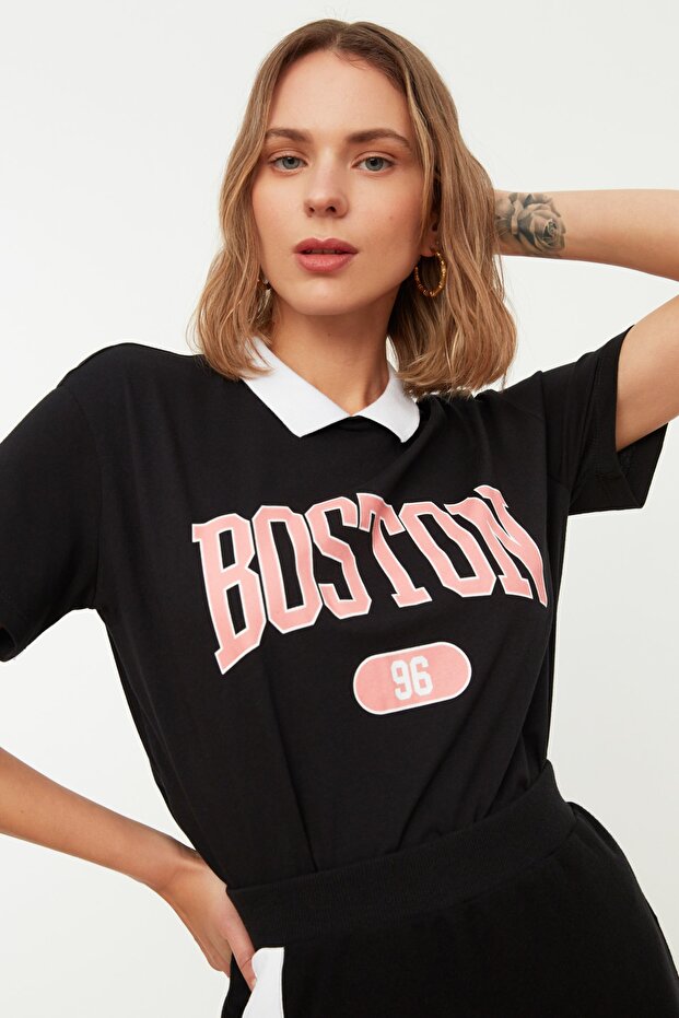 Black 100% Cotton City Printed Relaxed Fit Basic Polo Collar Knit T-Shirt TWOSS21TS3424