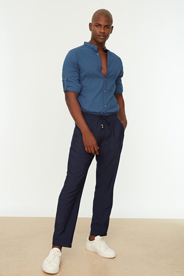 Lacivert Tapered Lastikli Beli Bağlamalı Keten Görünümlü Pantolon TMNSS20PL0547 - 9